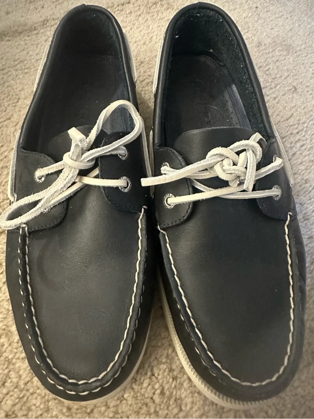 Sperry Navy Leather Boat Shoes with White Laces